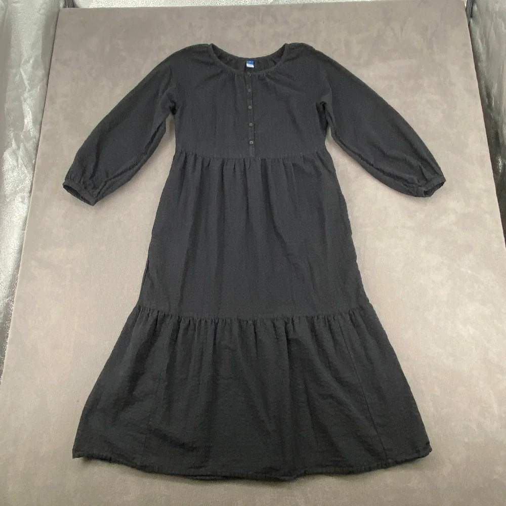 Old Navy Womens Black Seersucker Tiered Midi Dress Long Sleeve‎ Henley Small